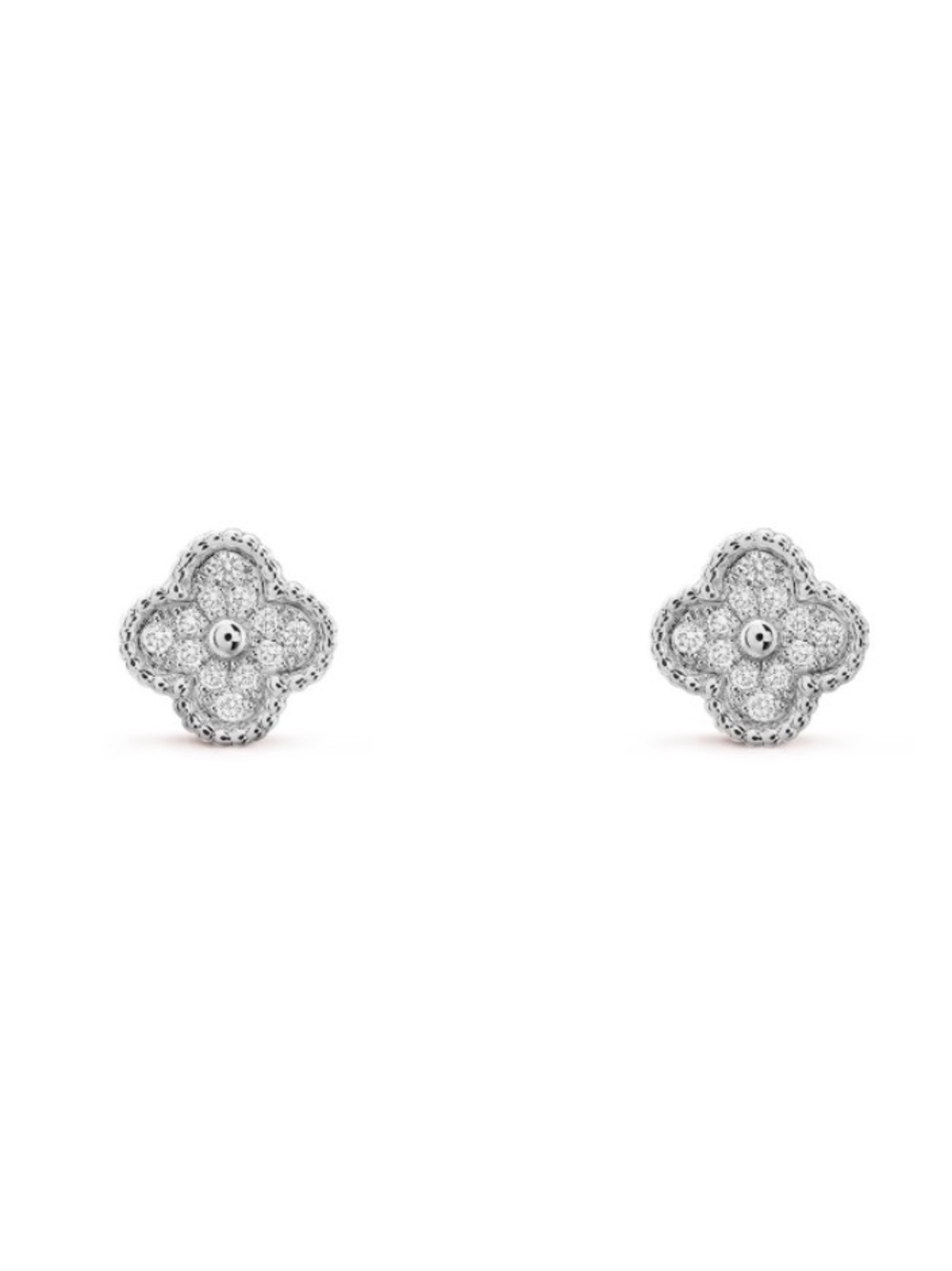 VCA Inspired White Gold Tone Cubic Zirconia Clover Stud Earrings